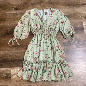 Taylor Green Floral Dress with Pink Accents